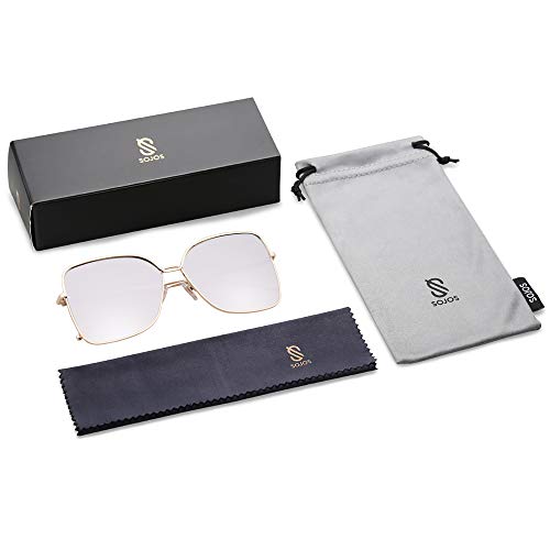 SOJOS Gafas De Sol Para Mujer Moda Cuadrado Oversized Lente Plano Marco Metal SJ1082 Con Marco Dorado/Lente Espejo Plateado