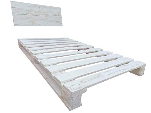Somier & Cama de palets Individual de 90 cm- Somieres de pallets juveniles para colchones de 90 x 170 & 180 & 190 & 200 & 210 & 220 color blanco envejecido Cabecero & Cabezales de 0.90
