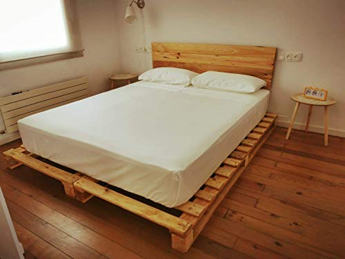 Somier & Cama de palets Individual de 90 cm- Somieres de pallets juveniles para colchones de 90 x 170 & 180 & 190 & 200 & 210 & 220 color madera barnizada y Cabecero & Cabezales de 0.90