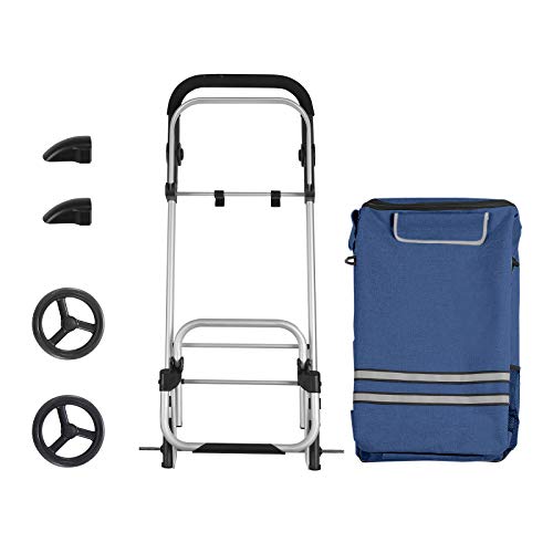 SONGMICS Carro de Compra, Plegable, con Bolsa de Refrigeración Aislante, Carro de Equipaje con Ruedas, Mochila Desmontable, Gran Capacidad, Multifuncional, Sólido, Azul KST02BU