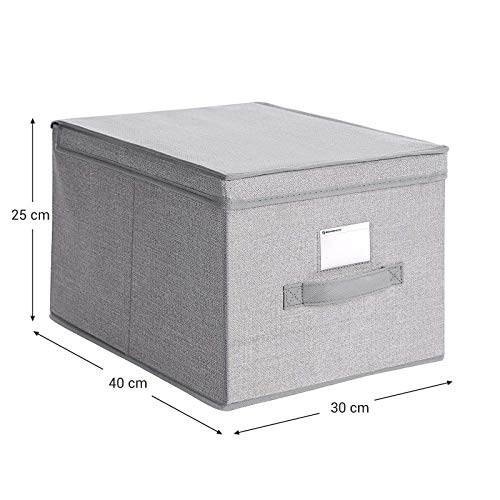 SONGMICS Juego de 3 Cajas Plegables con Tapas, Cajas de Almacenaje de Tela con Portaetiquetas, 40 x 30 x 25 cm, Gris Claro RYFB03W