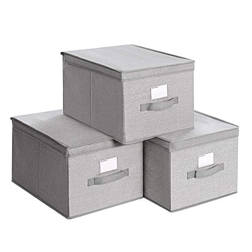 SONGMICS Juego de 3 Cajas Plegables con Tapas, Cajas de Almacenaje de Tela con Portaetiquetas, 40 x 30 x 25 cm, Gris Claro RYFB03W