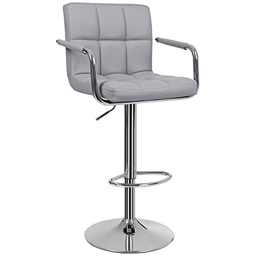 Songmics Taburete de Bar Regulable en Altura y Giratorio Cromado en Cuero Sintético, Gris