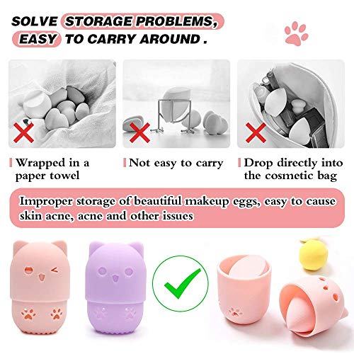 Soporte De Esponjas De Maquillaje, 2 Piezas Soporte De Esponja De Maquillaje + 2 Piezas Contenedor De Esponja Maquillaje, Soporte De Esponja De Maquillaje De Silicona Con Forma De Gato