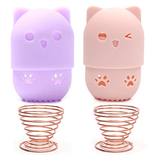 Soporte De Esponjas De Maquillaje, 2 Piezas Soporte De Esponja De Maquillaje + 2 Piezas Contenedor De Esponja Maquillaje, Soporte De Esponja De Maquillaje De Silicona Con Forma De Gato