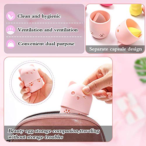 Soporte De Esponjas De Maquillaje, 2 Piezas Soporte De Esponja De Maquillaje + 2 Piezas Contenedor De Esponja Maquillaje, Soporte De Esponja De Maquillaje De Silicona Con Forma De Gato
