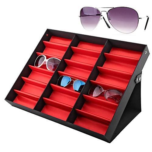 Soporte de exhibición de gafas Greensen, caja de almacenamiento de gafas de sol de 18 rejillas, organizador de joyas para gafas, caja de almacenamiento de gafas con protección contra el polvo, vitrina