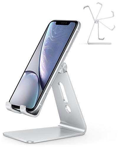 Soporte Teléfono Móvil Mesa, OMOTON Base para Móvil Ajustable de Escritorio, Apoyo para Teléfono de Aluminio para iPhone 12/11/XR/SE 2020, Redmi Note 9/8/8 Pro/7, Samsung y Otras Smartphones, Plata