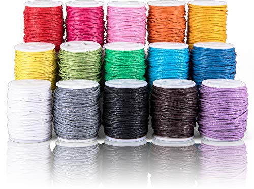 Sosamr - Cordones de algodón encerado, 15 rollos de 1 mm y 10 m, cuerda de hilo encerado para pulseras de joyería, tobillera, cuentas, collares y costura de cuero