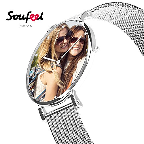 SOUFEEL Reloj Personalizado Foto y Grabado Caracteres Analógico de Cuarzo de Pulsera Malla De Banda Plata Impermeable Ultra-delgada Clásico Regalo para Familia Mujer Novia Bebe Nuevo con Caja Elegante