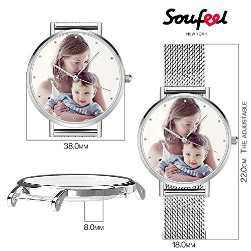 SOUFEEL Reloj Personalizado Foto y Grabado Caracteres Analógico de Cuarzo de Pulsera Malla De Banda Plata Impermeable Ultra-delgada Clásico Regalo para Familia Mujer Novia Bebe Nuevo con Caja Elegante