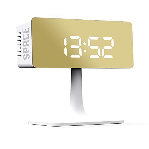 Space Hotel London ® Reloj Despertador LED Cinemascape Espejo Rectangular Dial LED Oficina/Dormitorio 10.6cm (Blanco/Oro)