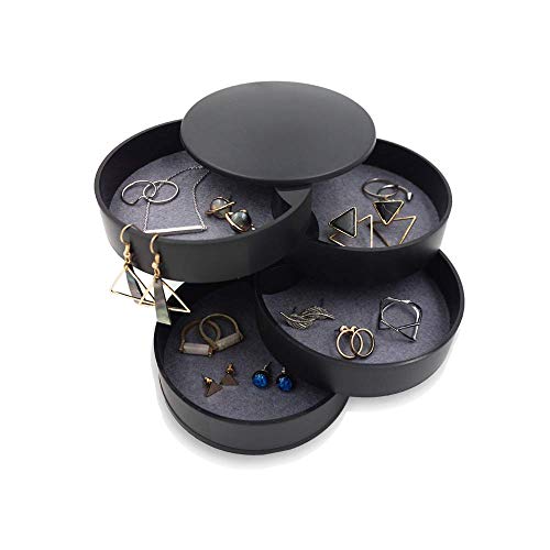 Sparta's Store Caja Joyero Organizador Rotación de 360°,4 Niveles Joyero Organizador con Espejo,Pequeña Joyero Viaje Decorativas,Joyero de Viaje pequeño para niñas,Joyeros Redondos (Negro)