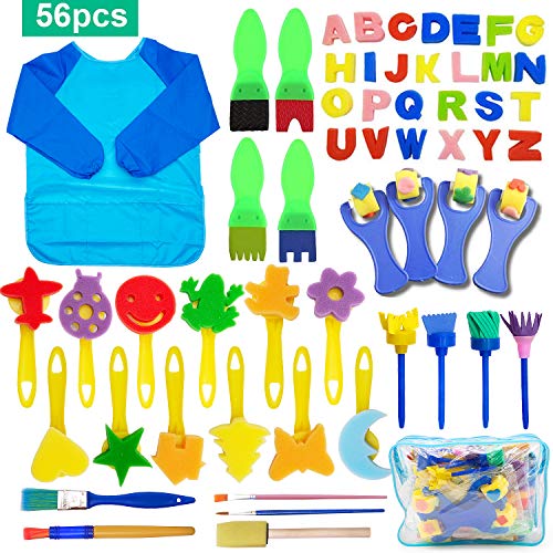 SPECOOL 56 Pcs Kits de Pinceles de Esponja, niños Gouache Craft Pinceles y Delantal Herramientas de Pintura, Acuarelas niños, Niños Pintura Temprana Artes DIY Artesanías
