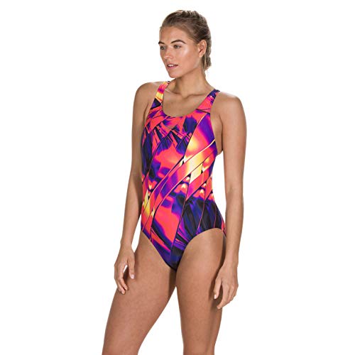 Speedo Plmt Pbck De Negro/Rojo Chica Traje De Baño, Mujer, Fractal del Esmalte/Lava Roja/Roy Pur, 34