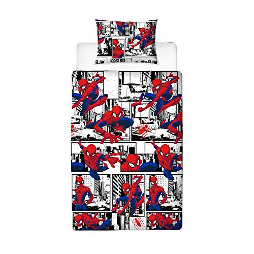 Spiderman Ultimate Metropolis - Funda de edredón para Cama Individual, diseño Reversible de Dos Lados, Incluye Funda de Almohada a Juego, Color Rojo, 200 x 130 cm