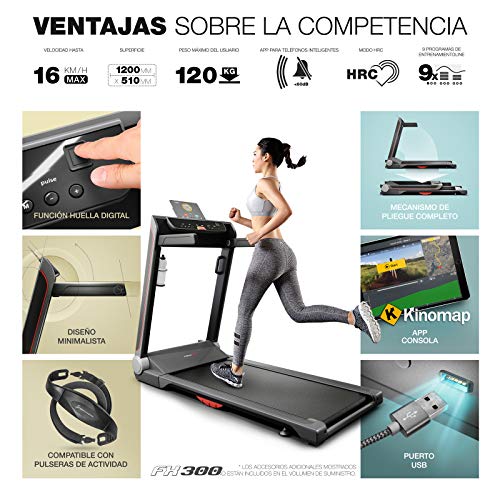 Sportstech FX300 Cinta de Correr Ultra Fina - Marca de Calidad Alemana - Live Videos & App Multiplayer, Superficie de Correr Gigante 51x122cm y sin Montaje, 16 km/h, USB, Pulsómetro Compatible
