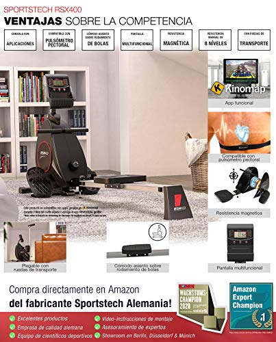 Sportstech RSX400 Máquina de Remo - Marca de Calidad Alemana -Eventos en Directo y App multijugador, pulsómetro Incl. máquina de Remo para su casa, Plegable con 8X magnetoresistencia