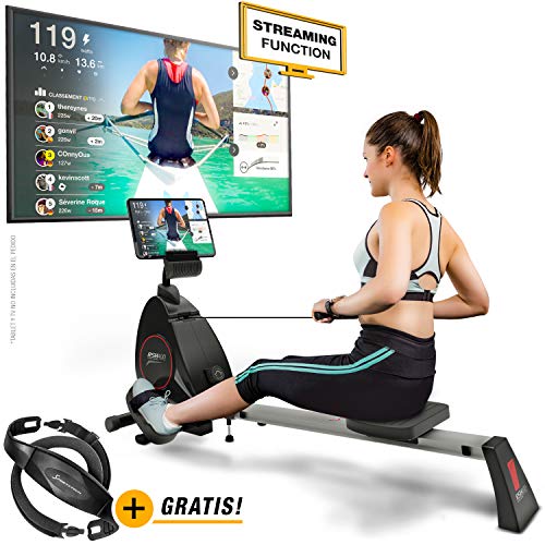 Sportstech RSX400 Máquina de Remo - Marca de Calidad Alemana -Eventos en Directo y App multijugador, pulsómetro Incl. máquina de Remo para su casa, Plegable con 8X magnetoresistencia