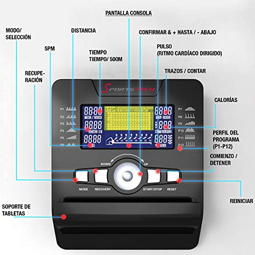 Sportstech RSX500 Máquina de Remo, Smartphone Control, App Fitness, 12 programas Remo + 4 cardíaca, 16 Niveles Resistencia, Modo competición, pulsómetro Incluido