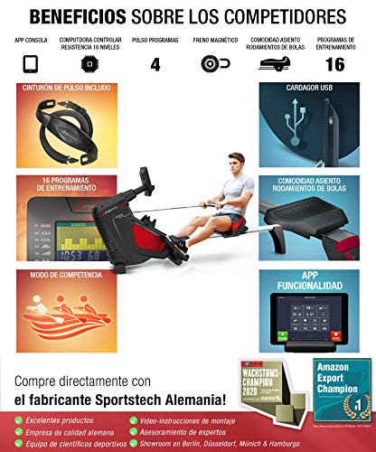 Sportstech RSX500 Máquina de Remo, Smartphone Control, App Fitness, 12 programas Remo + 4 cardíaca, 16 Niveles Resistencia, Modo competición, pulsómetro Incluido
