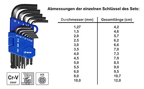 S&R Juego de llaves Allen hexagonales Set 13 Llaves HX 1,27 a 10 mm para Autos y Bicicletas. Clip de plástico ligero y Pratico