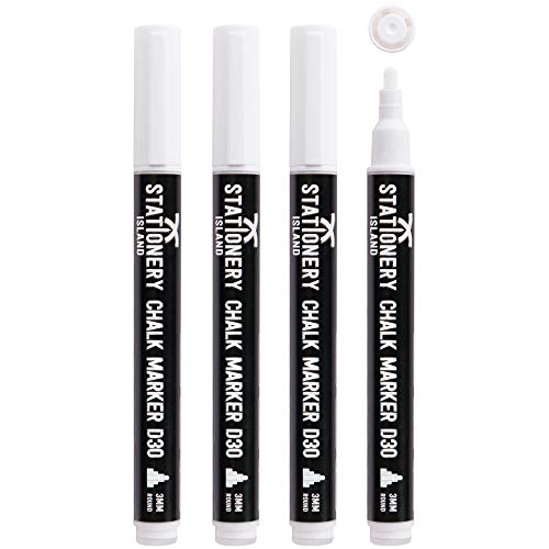 Stationery Island D30 - Rotuladores de Tiza Líquida, Borrado en Seco, Punta Fina Redonda 3mm, paquete de 4 Blancos
