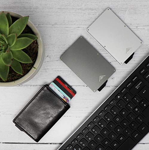 STEALTH WALLET Minimalista Portatarjetas RFID - Carteras de Tarjetas de Crédito Metálicas Delgadas y Livianas con Protección de Bloque NFC (Plata con Cuero Negro)