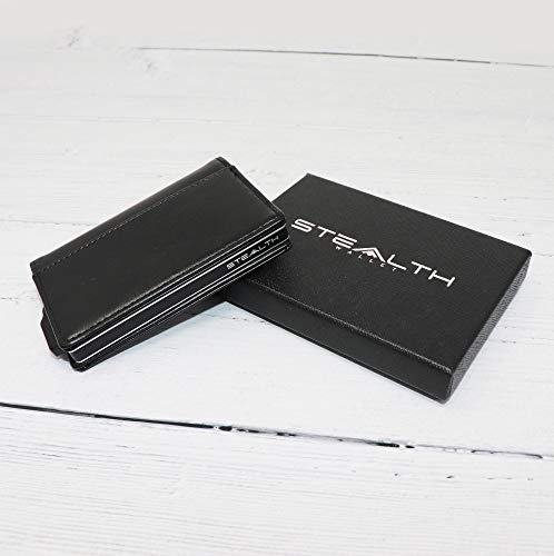 STEALTH WALLET Minimalista Portatarjetas RFID - Carteras de Tarjetas de Crédito Metálicas Delgadas y Livianas con Protección de Bloque NFC (Plata con Cuero Negro)