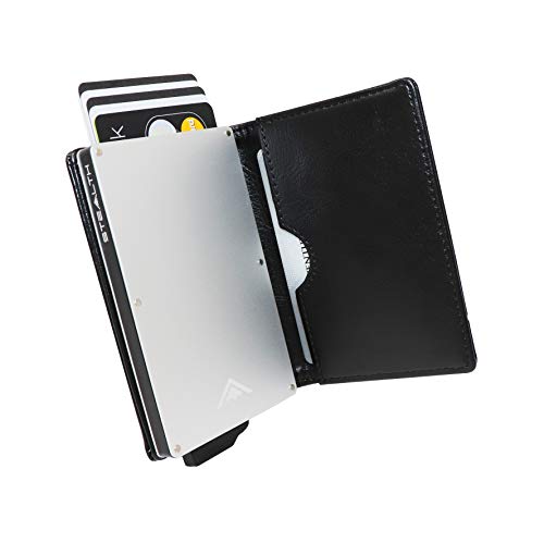 STEALTH WALLET Minimalista Portatarjetas RFID - Carteras de Tarjetas de Crédito Metálicas Delgadas y Livianas con Protección de Bloque NFC (Plata con Cuero Negro)