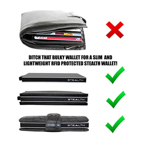 STEALTH WALLET Minimalista Portatarjetas RFID - Carteras de Tarjetas de Crédito Metálicas Delgadas y Livianas con Protección de Bloque NFC (Plata con Cuero Negro)