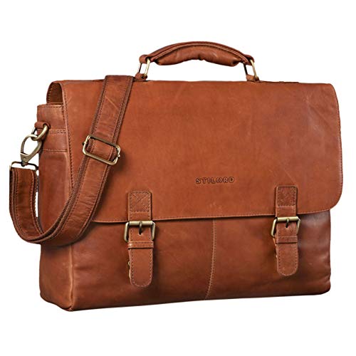 STILORD 'Dorian' Vintage Maletín de Negocios de Cuero Bolso Bandolera para Portátil de 15.6' Bolso Trabajo de Auténtica Piel, Color:girona - marrón