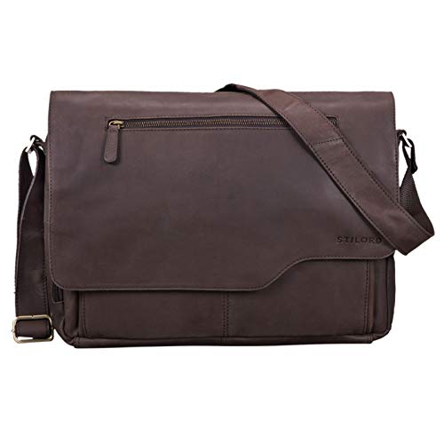 STILORD 'Marvin' Bolso Bandolera de Piel para Hombre y Mujer Bolsa de Mensajero para portátil de 15,6' Maletín Unisex de auténtico Cuero Vintage, Color:marrón Oscuro - Opaco