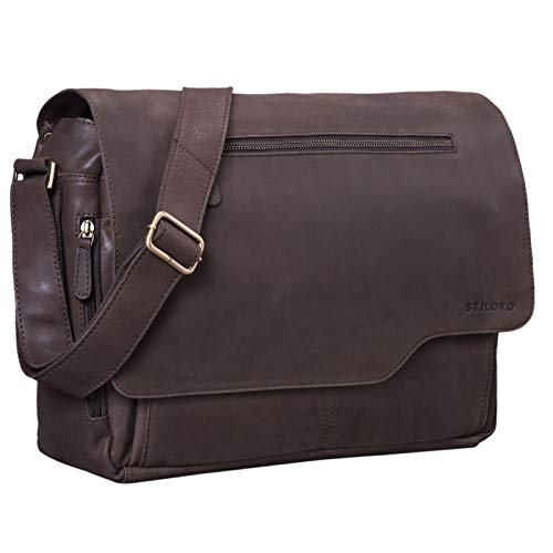 STILORD 'Marvin' Bolso Bandolera de Piel para Hombre y Mujer Bolsa de Mensajero para portátil de 15,6' Maletín Unisex de auténtico Cuero Vintage, Color:marrón Oscuro - Opaco