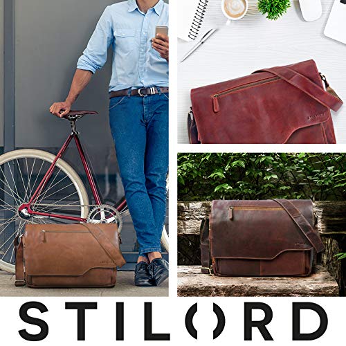 STILORD 'Marvin' Bolso Bandolera de Piel para Hombre y Mujer Bolsa de Mensajero para portátil de 15,6' Maletín Unisex de auténtico Cuero Vintage, Color:marrón Oscuro - Opaco