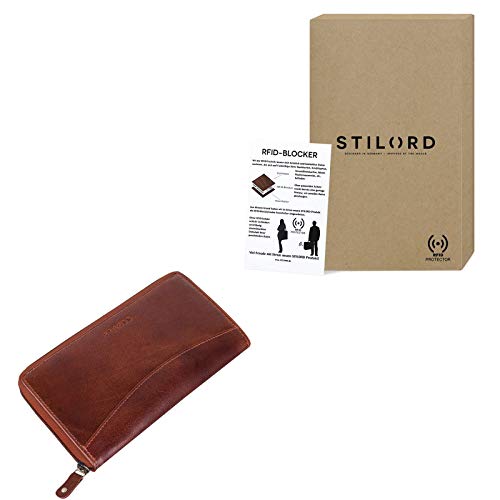 STILORD 'Saskia' Cartera Mujer Piel con Bloqueo RFID Monedero Billetera para Damas señoras Cartera Vintage para Tarjetas DNI Monedas o Billetes auténtico Cuero, Color:Almendra - marrón