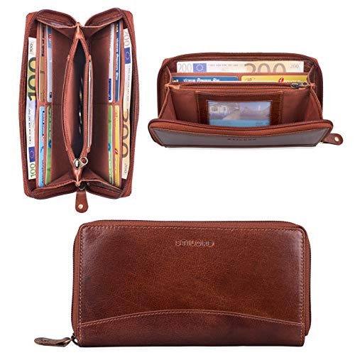 STILORD 'Saskia' Cartera Mujer Piel con Bloqueo RFID Monedero Billetera para Damas señoras Cartera Vintage para Tarjetas DNI Monedas o Billetes auténtico Cuero, Color:Almendra - marrón