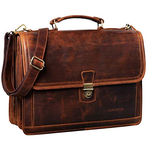 STILORD 'Thaddäus' Maletín Vintage Bolso de Cuero Grande para Hombre Bolso de Negocios Clásico Bolsa Bandolera para Portátil de Piel, Color:Kara - Cognac