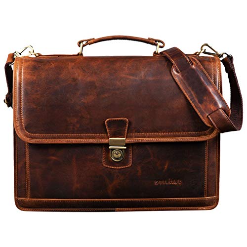 STILORD 'Thaddäus' Maletín Vintage Bolso de Cuero Grande para Hombre Bolso de Negocios Clásico Bolsa Bandolera para Portátil de Piel, Color:Kara - Cognac