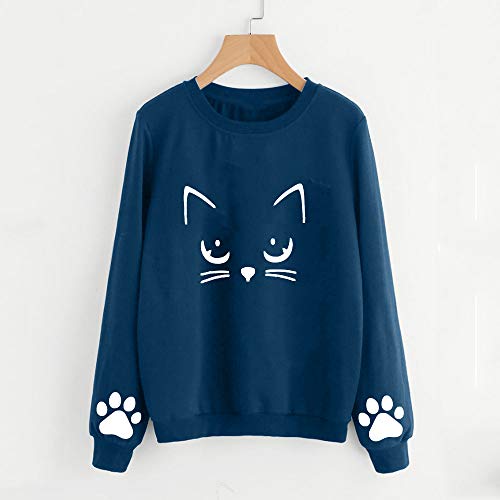 Sudadera Mujer Gato Camiseta Blusa de Otoño e Invierno de Manga Larga con Cuello Redondo Sudaderas Mujer Invierno Tumblr y Originals en Rebajas (Azul, XX-Large)