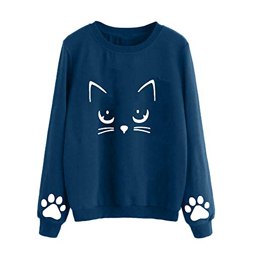 Sudadera Mujer Gato Camiseta Blusa de Otoño e Invierno de Manga Larga con Cuello Redondo Sudaderas Mujer Invierno Tumblr y Originals en Rebajas (Azul, XX-Large)
