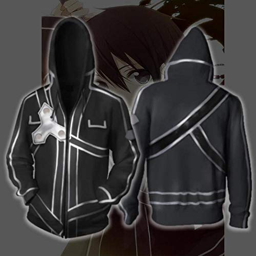 Sudaderas con Capucha,Anime Sword Art Online Kirito Kirigaya Kazuto Hombres Sudaderas con Capucha Cremallera Mangas Largas Cosplay Unisex Cómodo Tops Negro XL