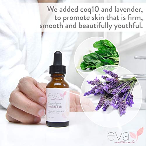 Suero de Vitamina C al 20% Eva Naturals (1 oz) el Mejor Suero de Vitamina C para Rostro, Anti-Edad, Protección Rayos UV y Radicales Libres, Ácido Hialurónico, Vitamina E y Cúrcuma, Fórmula Mejorada