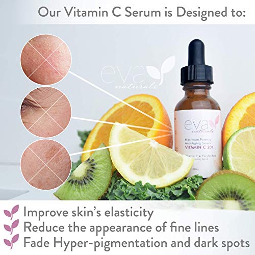 Suero de Vitamina C al 20% Eva Naturals (1 oz) el Mejor Suero de Vitamina C para Rostro, Anti-Edad, Protección Rayos UV y Radicales Libres, Ácido Hialurónico, Vitamina E y Cúrcuma, Fórmula Mejorada
