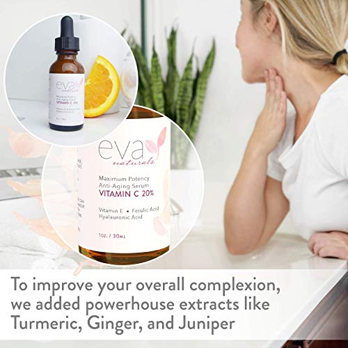 Suero de Vitamina C al 20% Eva Naturals (1 oz) el Mejor Suero de Vitamina C para Rostro, Anti-Edad, Protección Rayos UV y Radicales Libres, Ácido Hialurónico, Vitamina E y Cúrcuma, Fórmula Mejorada