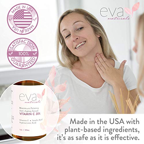 Suero de Vitamina C al 20% Eva Naturals (1 oz) el Mejor Suero de Vitamina C para Rostro, Anti-Edad, Protección Rayos UV y Radicales Libres, Ácido Hialurónico, Vitamina E y Cúrcuma, Fórmula Mejorada