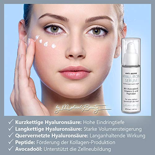 Suero hialurónico anti-aging vegano con 3 dosis altas de ácidos hialurónicos (cadena corta, cadena larga, reticulados), péptidos, vitamina E y aceite de aguacate para ojos, cara y escote