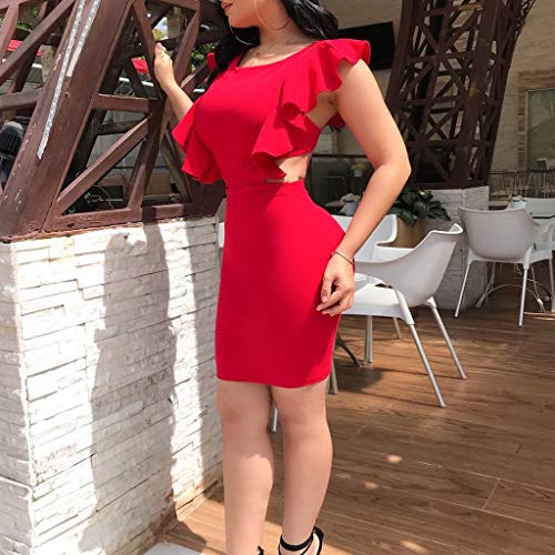 Sulifor Vestido de Cuello de Hoja de Loto,Vestido de Color Puro,Vestido Ajustado de Las Mujeres,Vestido Casual de Verano,Sexy y Elegante