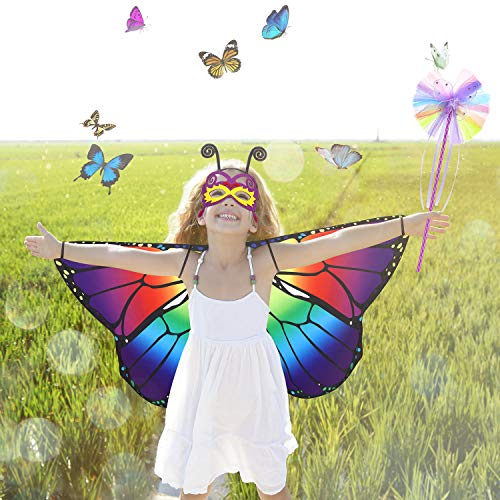 Sumind Juego de 8 Piezas Disfraces de Alas de Mariposa de Niños Máscara de Mariposa Diadema de Antena Varita Tutú para Favores de Fiesta de Disfraces de Halloween(Arcoiris y Púrpura)