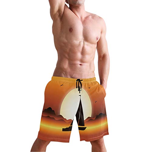 Sunset River Boat Orange S Mens Swim Trunks Shorts Quick Dry Board con forro de malla Color-1 M